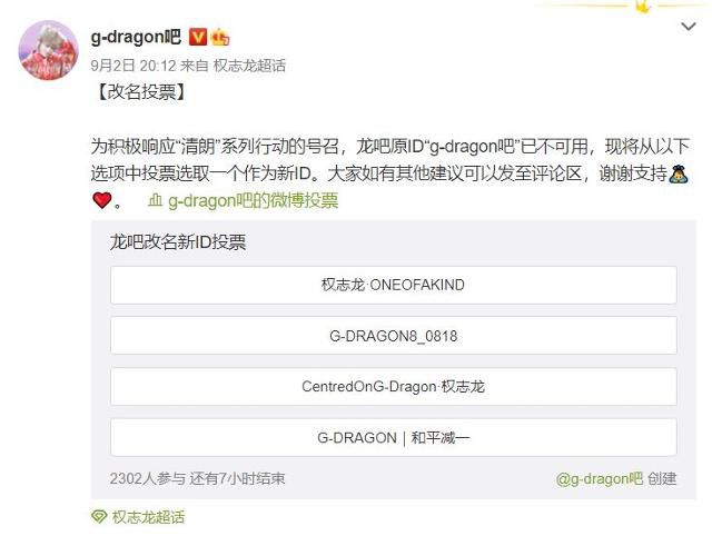 그룹 빅뱅 멤버 지드래곤 중국 팬덤의 웨이보 계정. 이름을 바꾸기 위해 회원을 상대로 투표를 진행하고 있다. 지드래곤 팬덤 웨이보 캡처