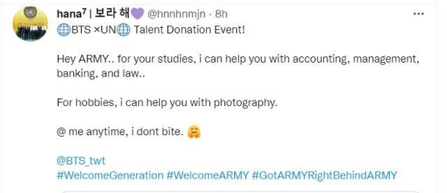 그룹 방탄소년단 팬이 회계와 법학 관련 도움을 주겠다고 올린 글.