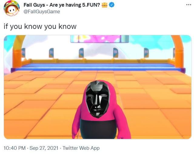 아케이드 게임 '폴 가이즈' 공식 트위터 계정이 '오징어 게임'을 이용한 패러디 사진을 공개했다. 트위터 캡처