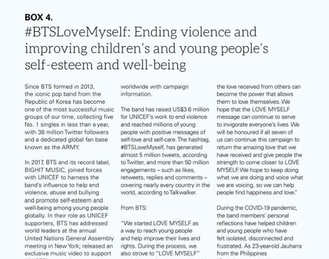 유니세프가 5일 낸 '세계아동현황 보고서'에 실린 방탄소년단 '러브 마이셀프' 캠페인 성공 사례. 보고서 캡처