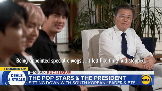 미국 ABC방송 '굿모닝 아메리카'는 지난달 21일 미국 뉴욕 주유엔대표부에서 진행한 문재인 대통령과 방탄소년단(BTS)의 인터뷰를 지난달 24일(현지시간) 방영했다. 뉴시스
