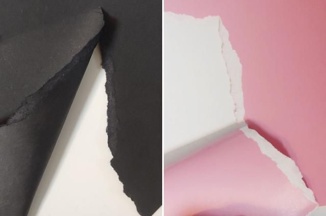 블랙핑크 '더 앨범'의 사진집엔 염색용지(왼쪽 사진)와 인쇄용지(오른쪽)가 섞여 쓰였다. 종이 전체를 염색해버린 염색용지는 찢어도 색이 그대로지만, 종이 외부에만 색상을 인쇄한 인쇄용지는 찢으면 하얀 결이 보인다. 염색용지는 재활용 공정에서 잉크를 제거하기 어려워서 상자와 함께 골판지로, 인쇄용지는 책자와 함께 신문지로 재활용된다. 그러나 현실적으로는 구분 없이 뒤섞여서 재활용품 품질을 낮추고 있다. 김현종 기자