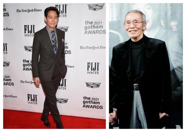 지난달 29일 미국 뉴욕에서 열린 독립영화 시상식 '고섬 어워즈'에 참석한 이정재(왼쪽)와 지난 8일 연극 ‘라스트 세션’의 기자간담회에 참석한 오영수. 뉴욕=AP뉴시스·뉴스1