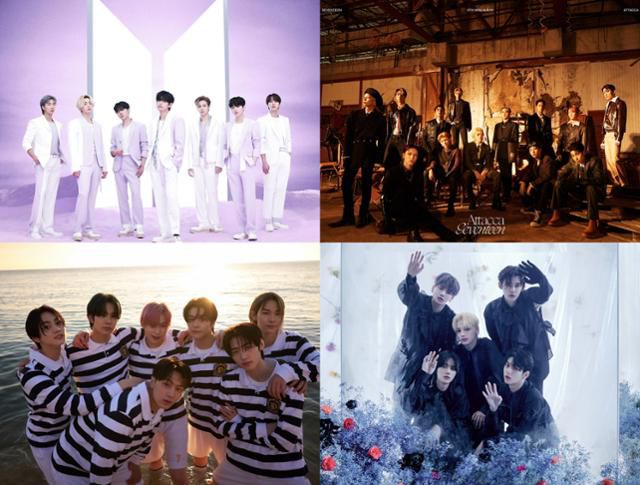 하이브 레이블즈 소속 아티스트들. (왼쪽 위부터 시계 방향으로) 방탄소년단 세븐틴 투모로우바이투게더 엔하이픈. 빅히트 뮤직, 플레디스엔터테인먼트, 빌리프랩 제공