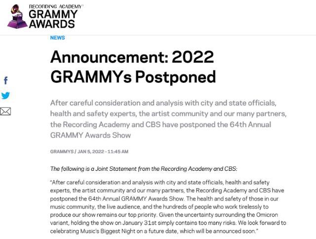 그래미 어워즈 연기 공지. 홈페이지 캡처