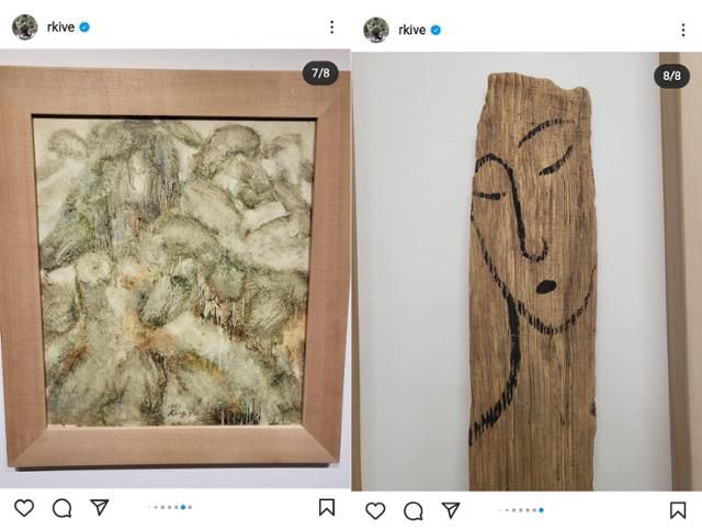 RM은 지난 10일 인스타그램에 학고재 서양화가 7인 기획전에 공개된 강용운 작가의 작품(왼쪽 사진)과 일민미술관 기획전에 공개된 윤석남 작가의 작품을 올려놓았다. 인스타그램 캡처