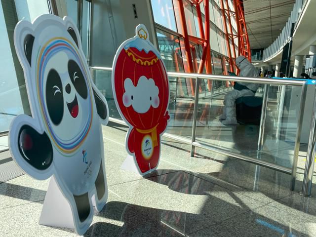 중국 베이징 서우두국제공항에 설치된 2022 베이징 동계올림픽 마스코트 빙둔둔(왼쪽)과 패럴림픽 마스코트 쉐룽룽. 베이징=뉴스1