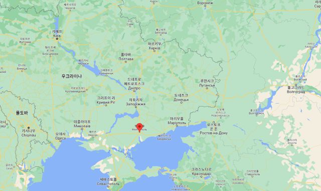 러시아군이 점령했다고 주장하는 우크라이나 남동부 멜리토폴(빨간 표식). 구글맵 캡처