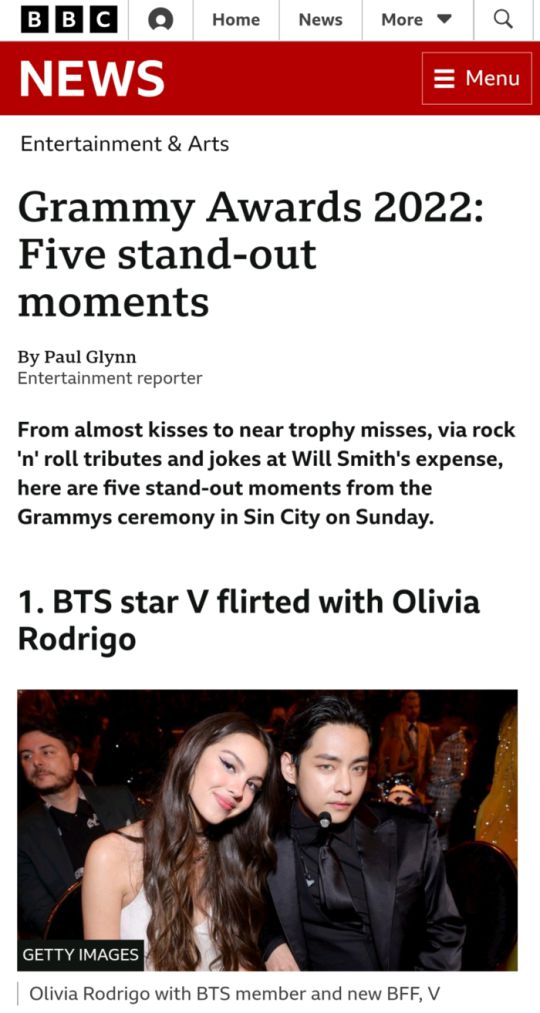 영국 BBC는 방탄소년단 멤버 뷔의 '귓속말 퍼포먼스'를 그래미 최고의 순간으로 꼽았다. BBC 캡처