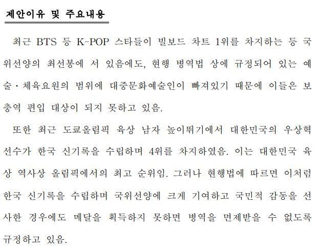 성일종 의원 대표발의 병역법 일부개정법률안의 입법제안 취지.