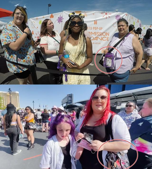 지난 9일(현지시간) 방탄소년단의 미국 라스베이거스 공연 및 팝업 스토어 현장에서 만난 현지 팬들. 일제히 착용한 PVC 소재의 투명 가방이 눈길을 끈다. 라스베이거스=홍혜민 기자