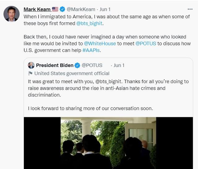 한국계 미국인인 마크 김 버지니아주 하원의원이 1일 사회관계망서비스(SNS)에 조 바이든 미국 대통령과 그룹 방탄소년단의 만남에 대해 상상도 할 수 없던 일이라고 적었다.