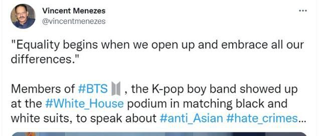 인도계 미국인 의사인 빈센트 메니즈씨가 한국 그룹 방탄소년단의 미국 백악관 연설 내용을 1일 사회관계망서비스에 올렸다.