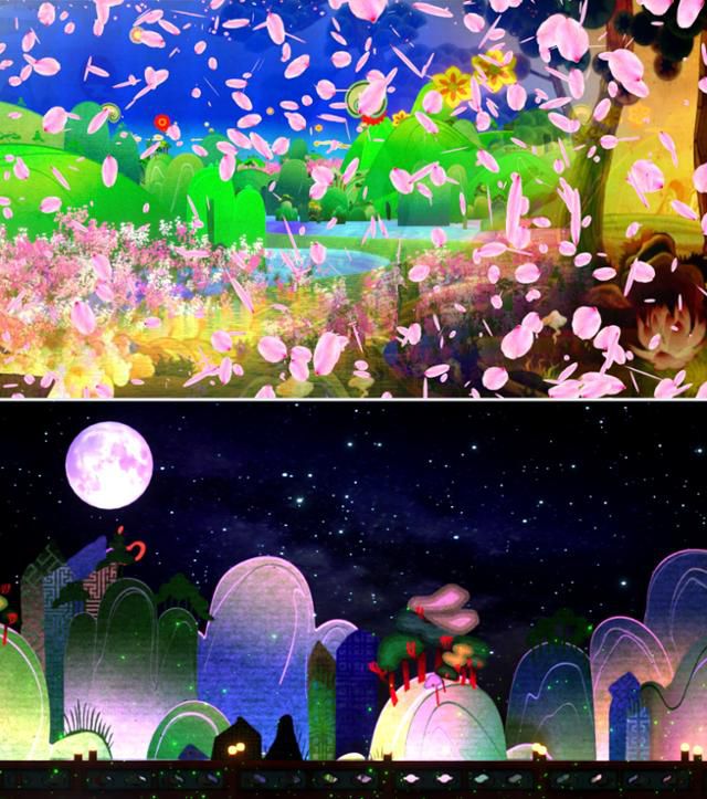 국악관현악곡 ‘금잔디’를 주제로 미디어 아트 작가 이이남이 제작한 미디어 아트 작품 이미지들이다. 국립극장 제공