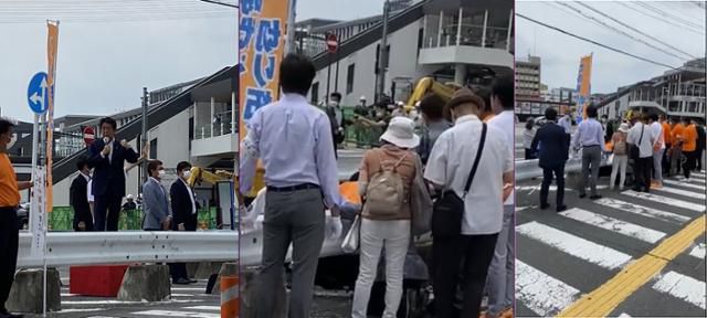 아베 신조 전 총리가 8일 일본 나라현 나라시 야마토사이다이지역 근처에서 연설하는 모습(왼쪽 사진), 용의자로 추정되는 인물이 습격하는 모습(가운데 사진), 아베 전 총리가 쓰러진 후 현장 모습(오른쪽 사진). 트위터 캡처