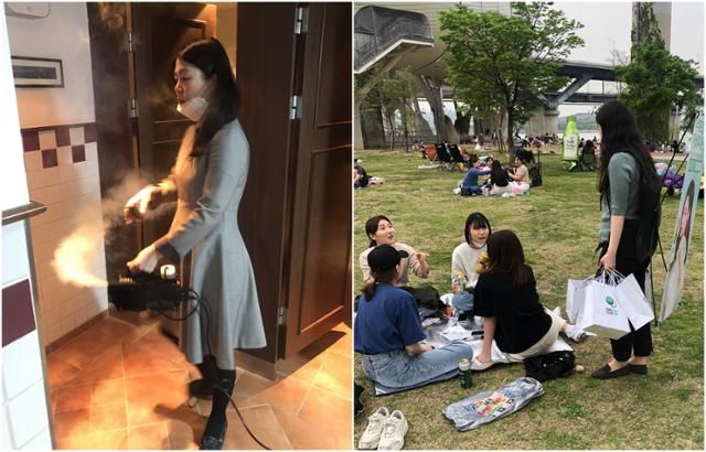 직접 현장 영업을 뛰고 있는 꽃비씨의 모습. 코로나19 확산세가 한창 심했을 당시엔 주요 상권의 매장을 일일이 방문해 소독 서비스를 제공했다(왼쪽). 한강 나들이객들이 많아지는 봄, 가을철엔 뚝섬 유원지로 출동해 젊은 고객들을 공략한다(오른쪽). 유꽃비 제공