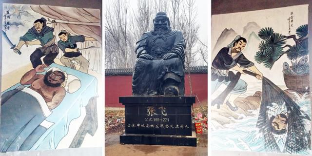 줘저우 장비묘의 동상(가운데). 장비를 살해하는 장면과 장강에서 수급을 건져 올리는 장면을 묘사한 그림도 있다. ⓒ최종명