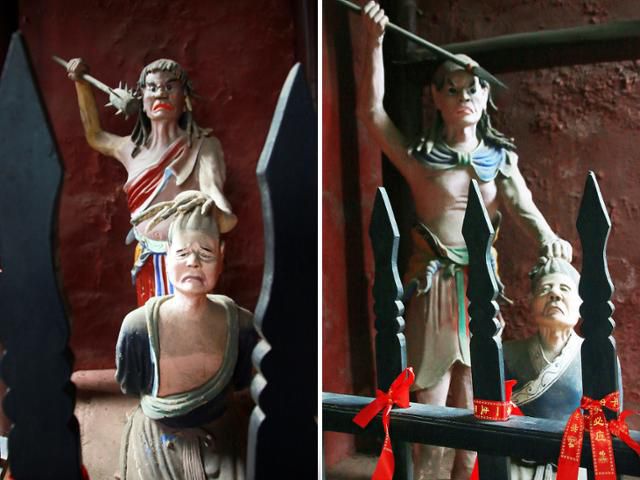 한환후사 묘정 앞 벌을 받고 있는 장달과 범강의 모습. 장비를 살해한 인물이다. ⓒ최종명