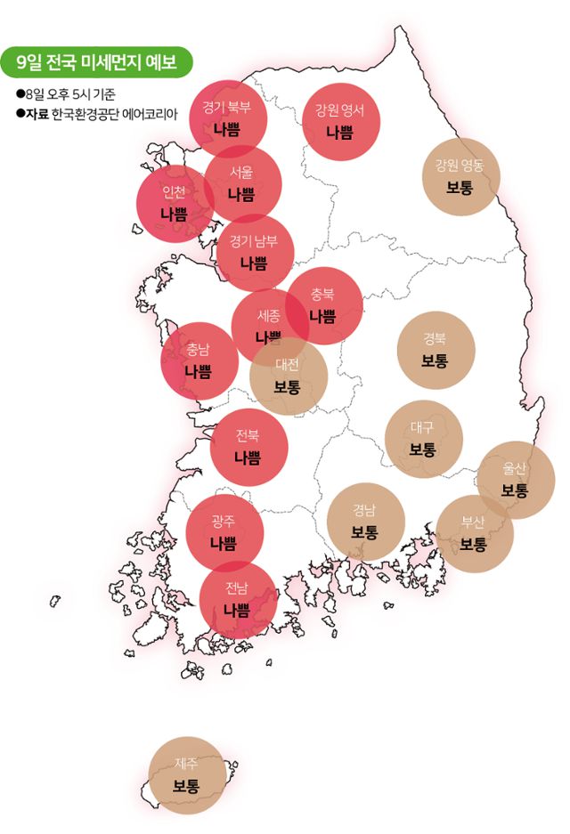 9일 전국 미세먼지 예보. 그래픽=김대훈 기자