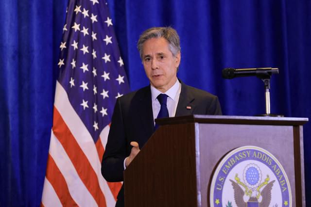 지난달 에티오피아를 방문한 토니 블링컨 미국 국무장관이 수도 아디스아바바에서 기자회견을 하고 있다. 아디스아바바=로이터 연합뉴스