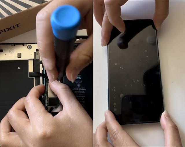 액정화면이 깨진 아이폰11에서 깨진 디스플레이를 떼어내고 새 액정화면을 조립하는 과정. 실리콘밸리=이서희 특파원