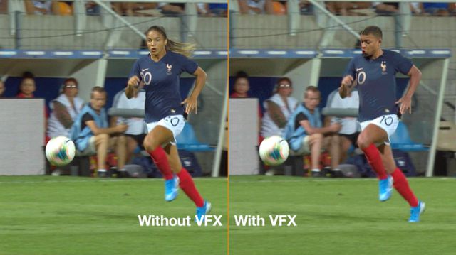 프랑스 여자축구 선수 델핀 카스카리노(왼쪽)의 몸에 남자선수 킬리안 음바페의 얼굴을 시각특수효과(VFX) 기술로 입혀 만든 딥페이크 영상의 한 장면. 마르셀 제공