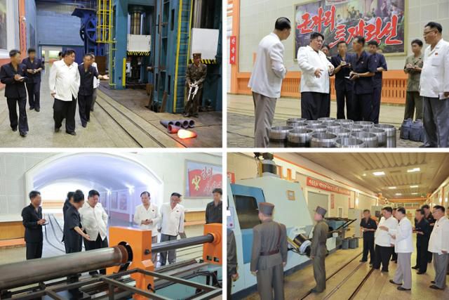 북한 노동당 기관지 노동신문이 14일 보도한 김정은 위원장의 군수공장 시찰 사진. 뉴스1