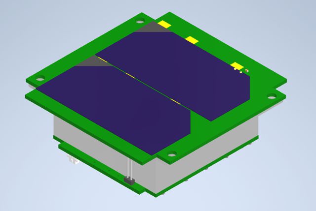 카이로스페이스 큐브위성에 내장된 모듈을 도식화한 그림. 네모난 박스에 태양광 패널(남색)이 붙어 있는 구조다. 박스 안에는 접힌 봉투와 수소발생장치가 들어 있다. 카이로스페이스 제공
