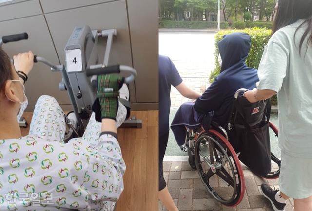 김길영 소방관이 병원에서 재활치료를 받고 있다. 오른쪽은 김 소방관의 가족이 휠체어를 끌고 있는 모습. 가족 제공