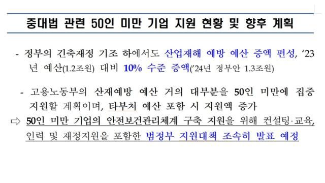 고용노동부가 더불어민주당에 제출한 중처법 유예 계획안.