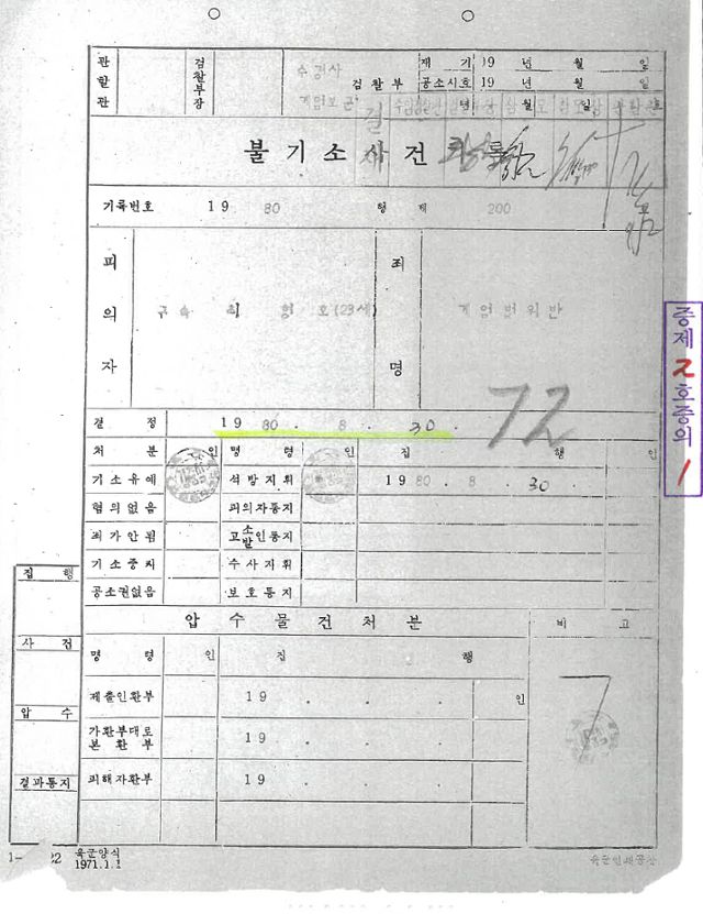 최형호씨에 대한 군검찰의 기소유예 처분 기록 표지. 최씨 제공