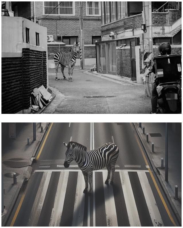 지난해 3월 동물원을 탈출한 후 서울 시내를 돌아다녀 화제가 됐던 얼룩말 '세로'. 위는 실제 촬영한 사진, 아래는 생성형 AI를 활용해 만든 이미지. 탈출 당시 세로 이미지를 생성해 공유하는 현상이 놀이처럼 번지기도 했다. 한국언론진흥재단 제공