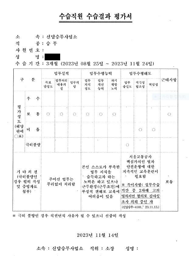 이성만 무소속 의원실이 서울교통공사로부터 제출받은 A씨 '수습결과 평가서'. 이성만 의원실 제공
