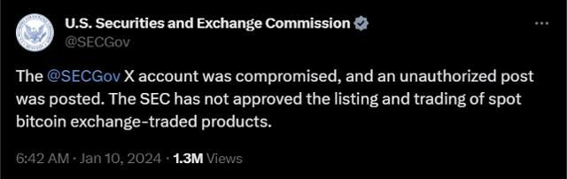 미국 증권거래위원회(SEC)가 엑스(X) 계정에 SEC의 X 계정이 해킹당했다며 비트코인 현물 상장지수펀드(ETF) 승인 소식을 부인한 게시물. SEC X 계정 캡처