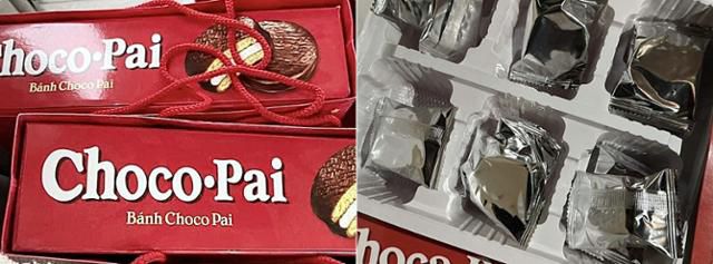 지난 11일 베트남 하노이 제과류 도매거리에서 촬영한 짝퉁 초코파이, '초코파이(Choco-Pai)'의 상단(왼쪽 사진)과 제품 내부 모습. 현지에서 만난 이들은 유해물질이 있을 가능성이 크다며 먹지 말라고 조언했다. 하노이=허경주 특파원