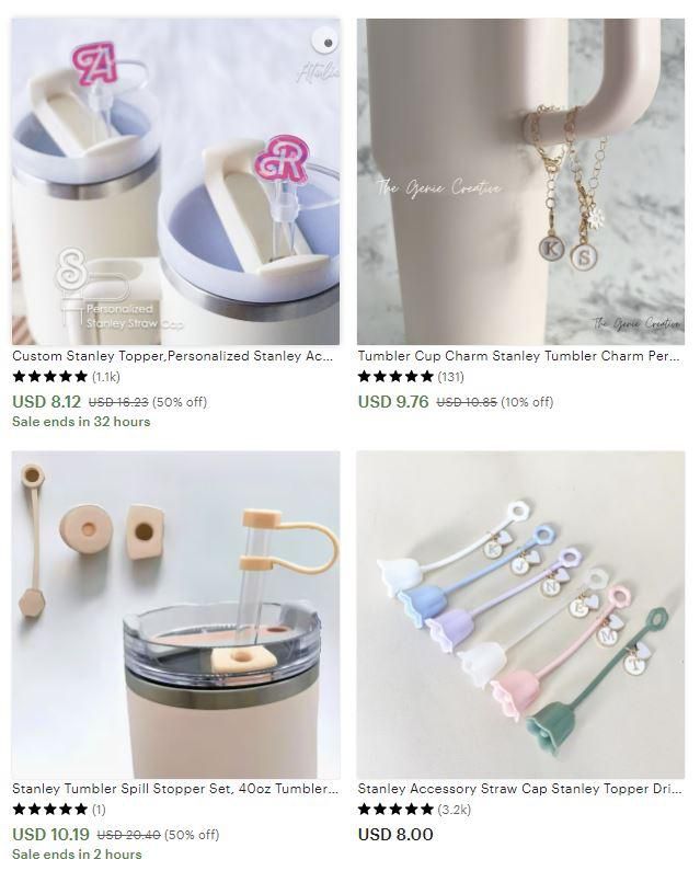미국 온라인 쇼핑몰 ETSY에서 판매 중인 빨대 마개와 열쇠고리 등 텀블러 액세서리. ETSY 홈페이지 캡처