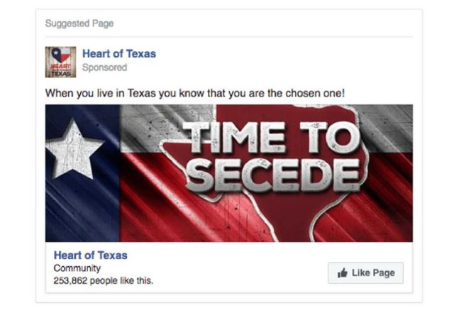텍사스주 휴스턴시에서 발생한 반무슬림 시위를 부추긴 것으로 파악된 '텍사스의 마음(Heart of Texas)' 페이스북 계정. 해당 계정은 러시아가 구입한 허위 계정인 것으로 확인됐다. 페이스북 캡처