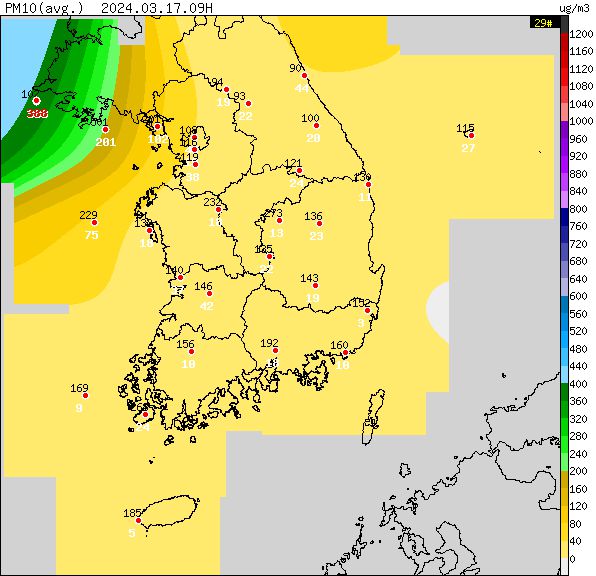 17일 오전 9시 기준 황사 및 미세먼지 유입 현황. 기상청 제공