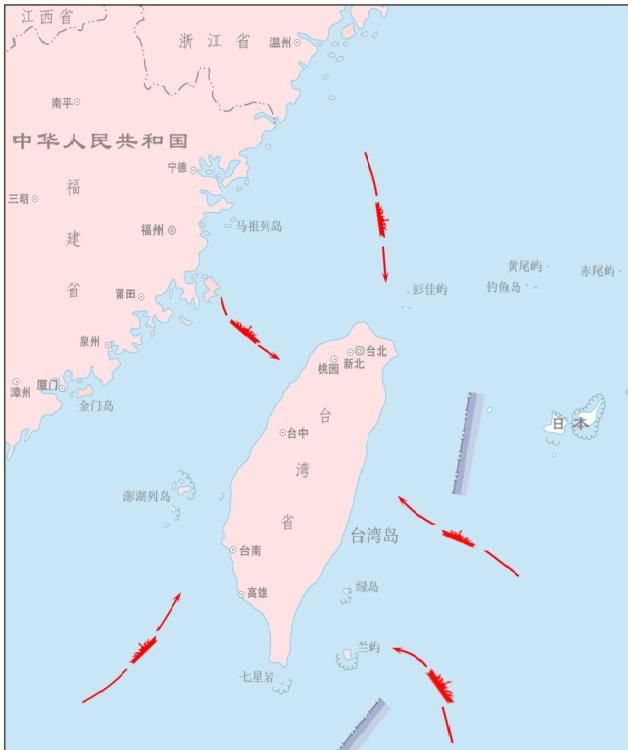 중국 인민해방군 동부전구사령부가 공개한 대만 주변에서의 합동군사훈련(23~24일) 개요도. 대만 북부와 남부, 동부 등 크게 세 방향에서 중국군이 진격하는 형세를 띠고 있다. 동부전구사령부 위챗 계정 화면 캡처