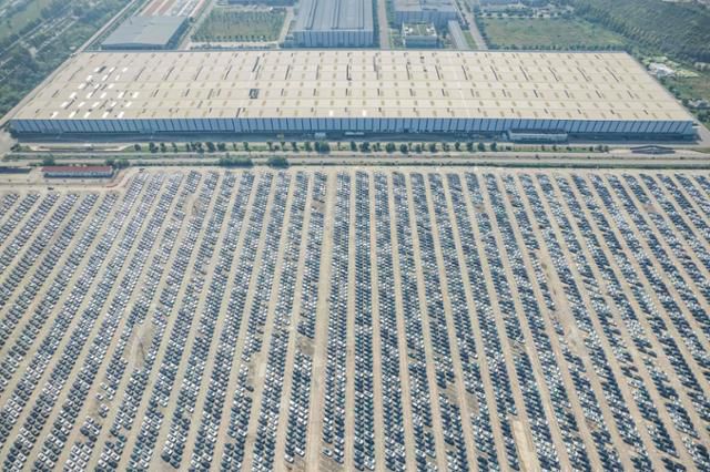 지난해 10월 중국 충칭시 장안자동차유통센터에 전기차들이 빼곡히 들어서 있다. 충칭= AFP 연합뉴스