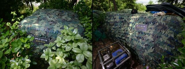 봉산 편백나무 조림지에는 구석구석 물탱크와 양수기 등 인공 급수시설이 위장막에 덮인 채 설치돼 있다.