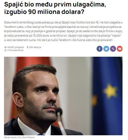밀로코 스파이치 몬테네그로 총리의 테라폼랩스 투자 사실을 보도한 몬테네그로 일간지 비예스티. 비예스티 홈페이지 캡처