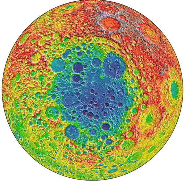 달 남극 아이켄 분지(South Pole-Aitken Basin, SPA)의 지형도. 고도가 낮을수록 파란색, 높을수록 빨간색으로 표시돼 있다. 아이켄 분지는 가운데 푸른색 부분이다. 미국항공우주국(NASA)