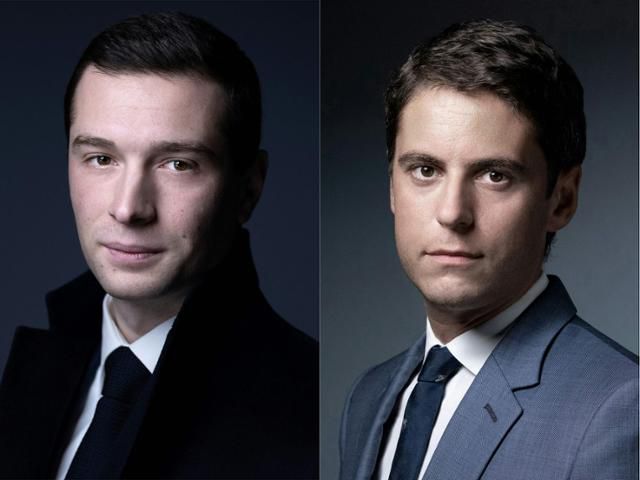 프랑스 차기 총리로 거론되는 조르당 바르델라(왼쪽 사진) 국민연합 대표와 가브리엘 아탈 프랑스 총리. AFP 연합뉴스