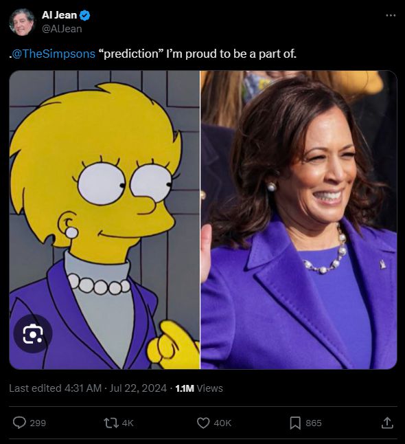 미국 애니메이션 '심슨 가족' 시리즈의 작가 앨 진이 엑스(X)에 '예측'에 참여하게 되어 자랑스럽다는 소감을 밝혔다. 2000년 방영된 '심슨 가족' 에피소드에서 리사 심슨은 미국 첫 번째 여성 대통령으로 취임하는데, 이때 입은 의상이 민주당 대선 후보로 떠오르는 카멀라 해리스 부통령과 흡사하다. X 캡처