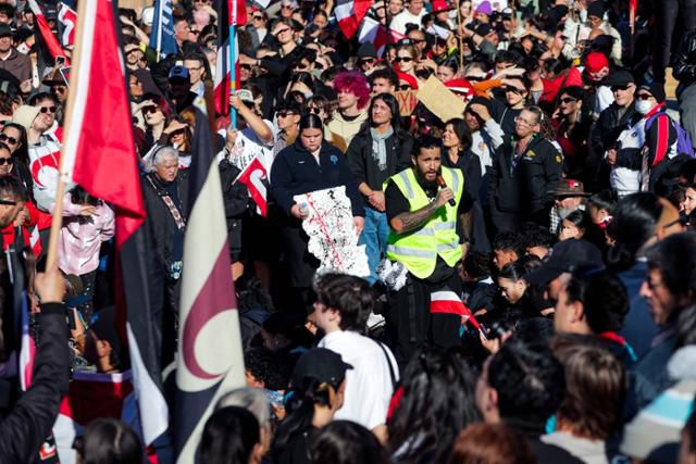뉴질랜드 정부의 원주민 차별 정책에 항의하는 시위대가 지난 5월 30일 웰링턴 연방의회 앞에서 시위를 벌이고 있다. 웰링턴=AFP 연합뉴스