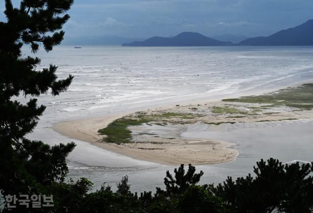 아미산전망대에서 보는 낙동강 하구 도요등. 바다에는 파도가 일렁이는데, 섬 안쪽은 잠잠하다.