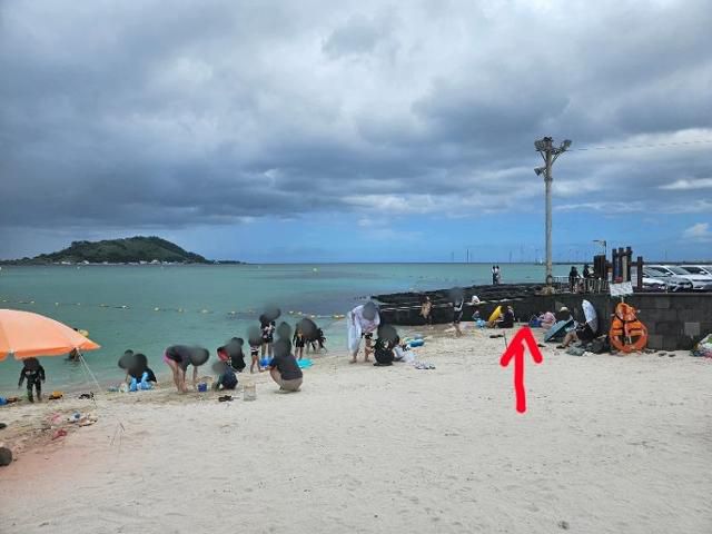 제주도 협재해수욕장에서 갑질을 당했다는 주장이 제기됐다. 사진에 표기된 장소는 글쓴이가 짐을 놓으려던 곳. 보배드림 캡처