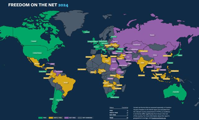 2024년 세계 각국의 인터넷 자유 수준. 초록색은 해당 국가의 인터넷 이용 등이 '자유로움'을, 노란색은 '부분적으로 자유로움' 보라색은 '자유롭지 않음'을 의미한다. 프리덤하우스 보고서 캡처