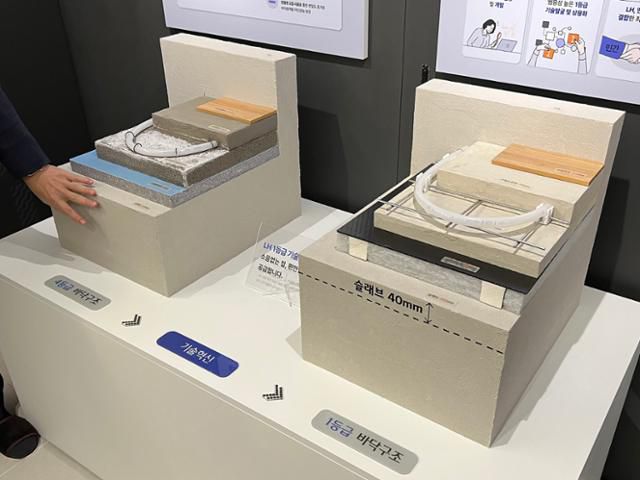 한국토지주택공사(LH)가 개발한 층간소음 1등급 바닥 구조(오른쪽)가 dB35랩에 전시돼 있다. 슬래브(콘크리트 판) 두께를 늘리고 고밀도 모르타르와 완충재를 덮어 바닥 강성을 키운 것이 특징이다. 세종=김민호 기자